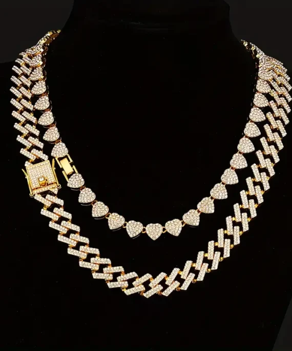 Iced Out Bling Bling Cuban Chain & Heart Choker Necklace