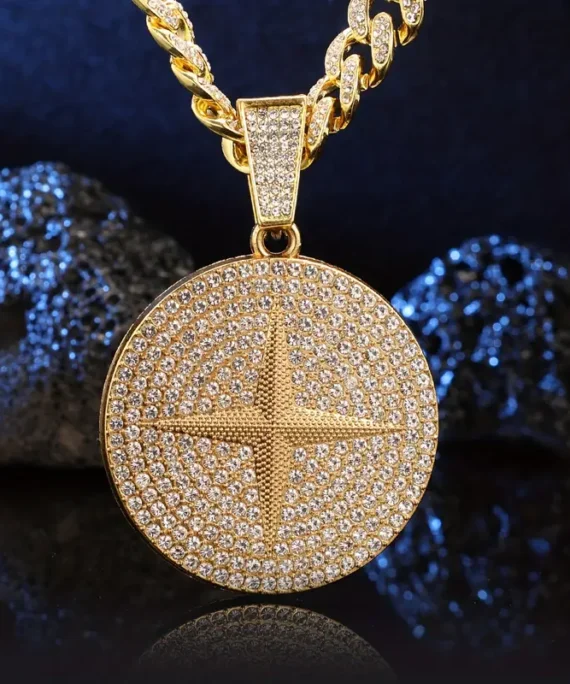 Hip Hop Iced Out Four-Pointed Star Round Pendant